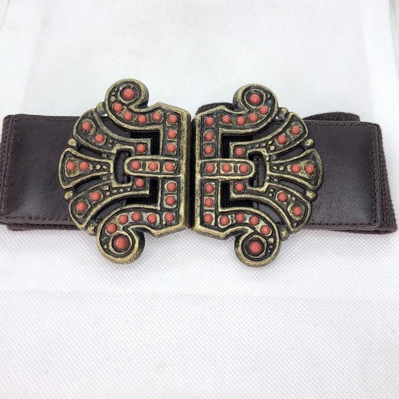 Vintage 90s Y2K Another Line Brown Faux Coral Cluster Elastic Stretch Belt 30" - Picture 3 of 7